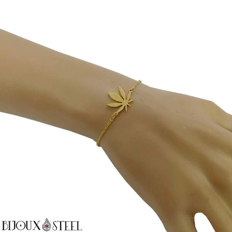 Bracelet feuille de cannabis en acier inoxydable