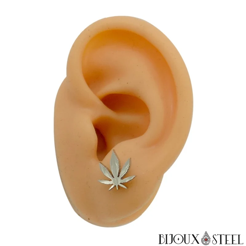 Boucles d'oreilles feuilles de cannabis en acier inoxydable
