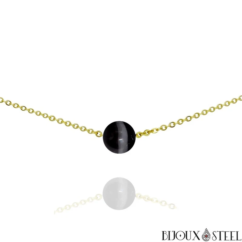 Collier à perle d'agate noire à rayures en acier inoxydable
