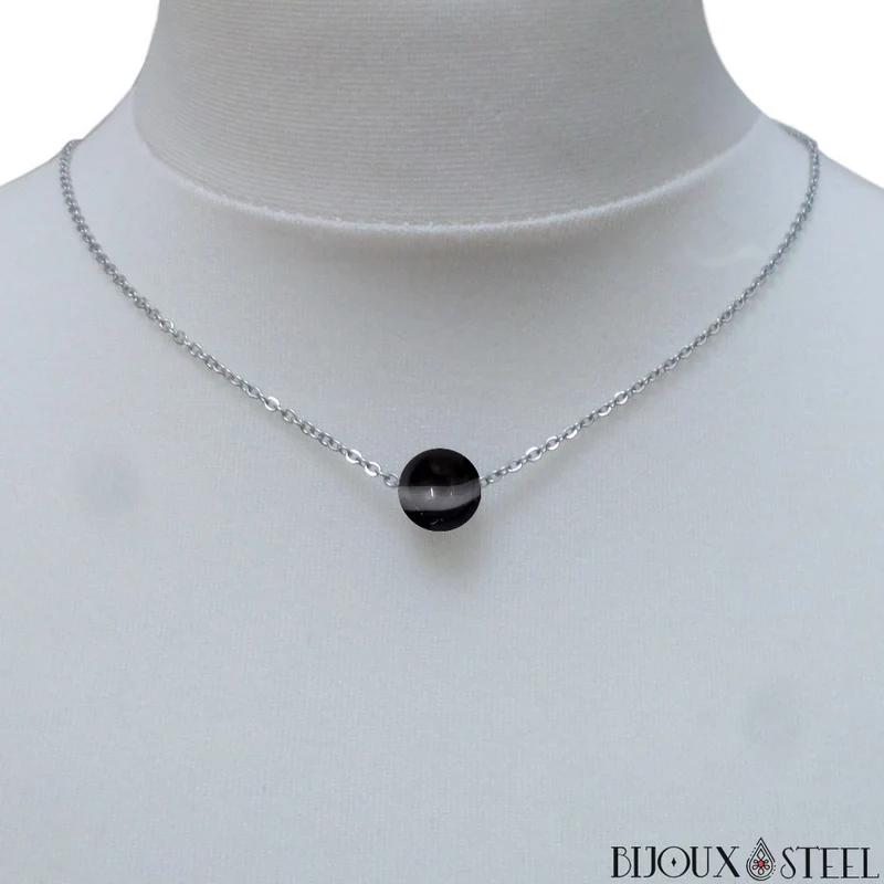 Collier à perle d'agate noire à rayures en acier inoxydable