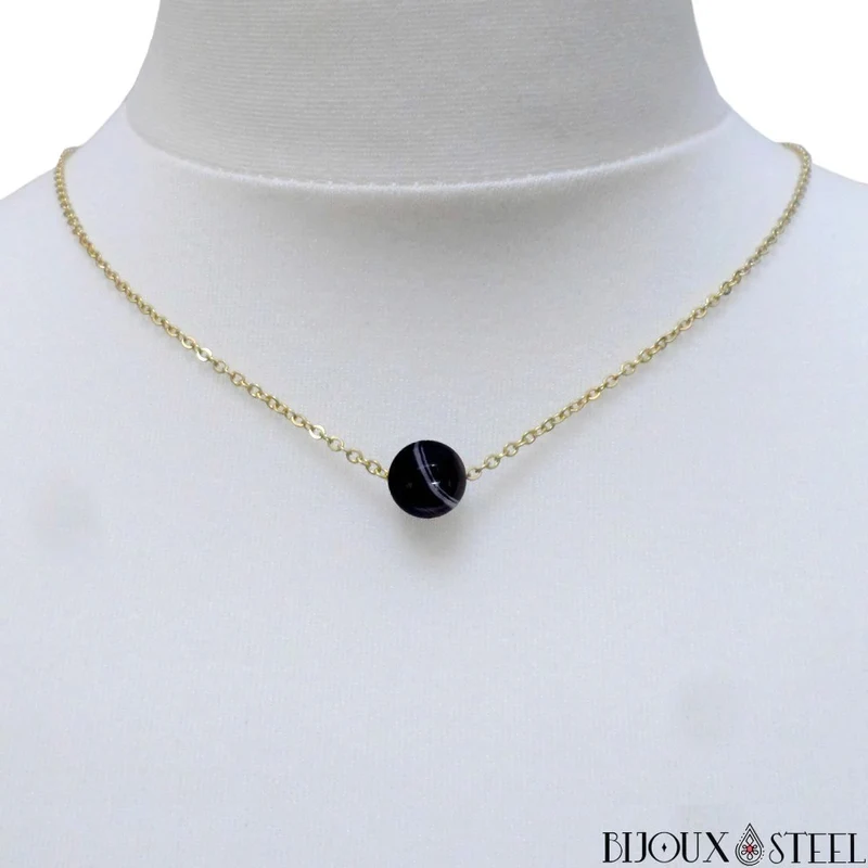 Collier à perle d'agate noire à rayures en acier inoxydable