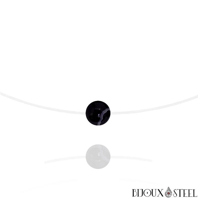 Collier à perle d'agate noire à rayures sur fil de nylon