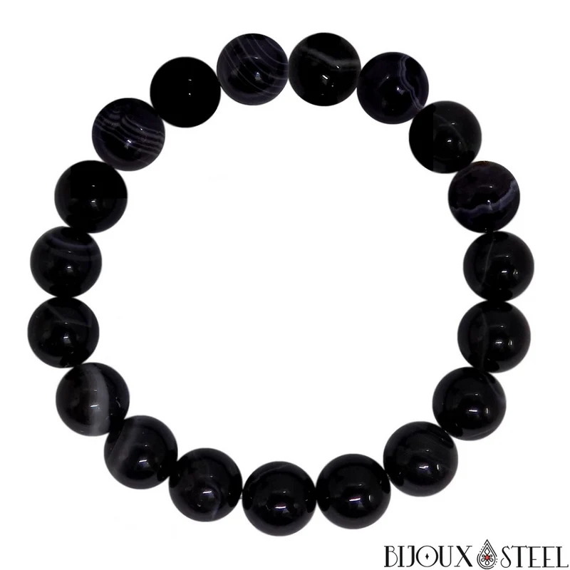 Bracelet en perles d'agate noire à rayures 10mm