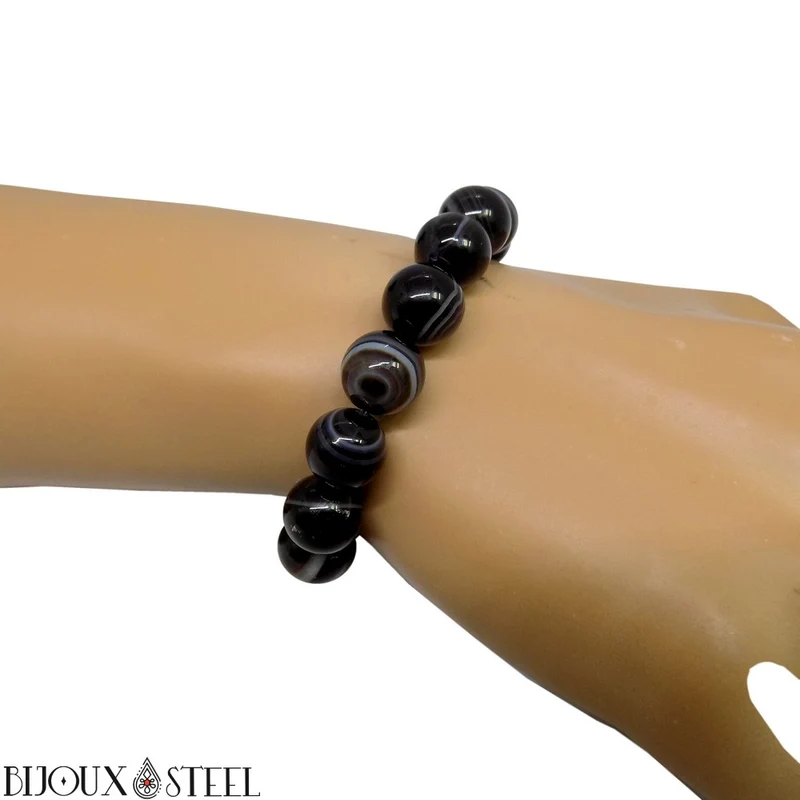 Bracelet en perles d'agate noire à rayures 10mm