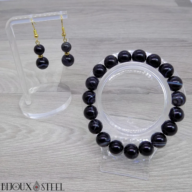 Bracelet en perles d'agate noire à rayures 10mm