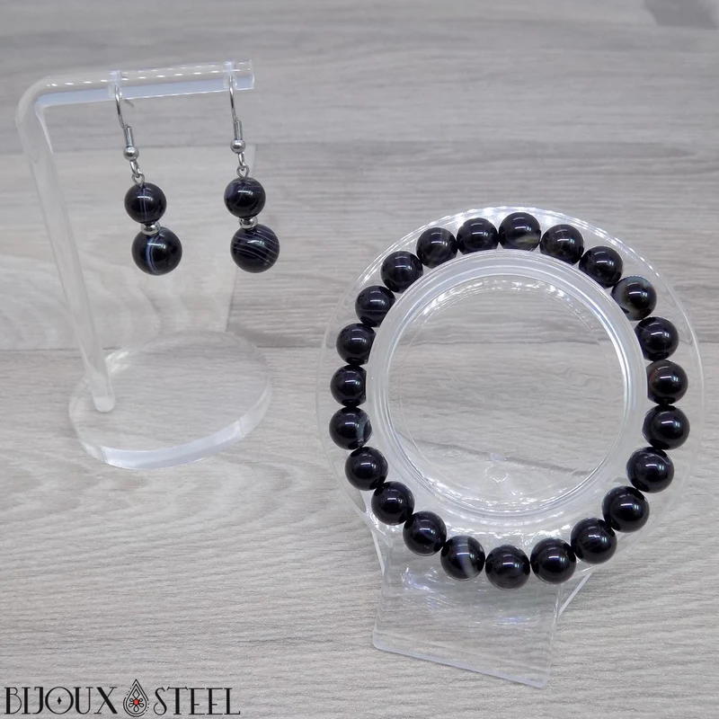 Bracelet en perles d'agate noire à rayures 8mm