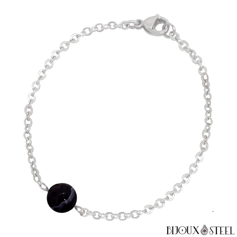 Bracelet à perle d'agate noire à rayures en acier inoxydable