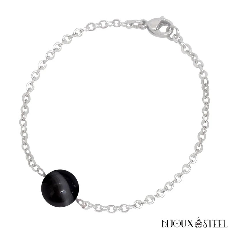 Bracelet à perle d'agate noire à rayures en acier inoxydable