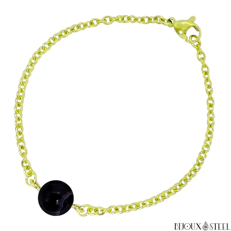 Bracelet à perle d'agate noire à rayures en acier inoxydable