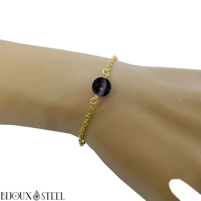 Bracelet à perle d'agate noire à rayures en acier inoxydable