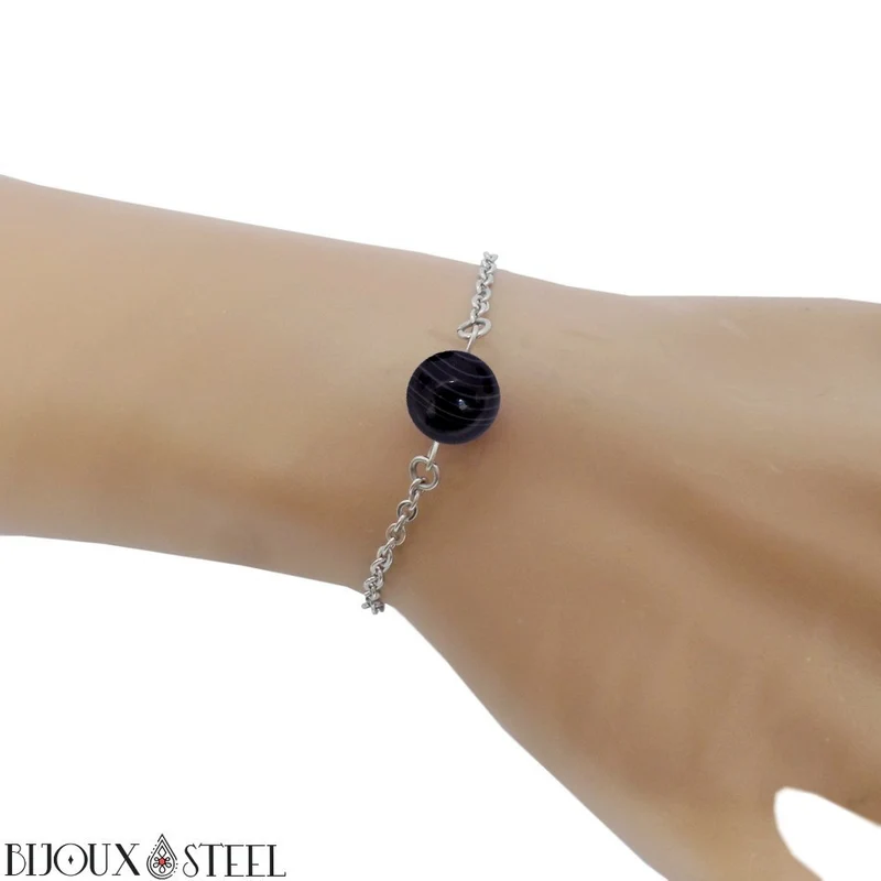 Bracelet à perle d'agate noire à rayures en acier inoxydable