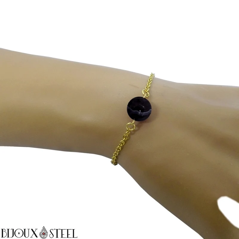 Bracelet à perle d'agate noire à rayures en acier inoxydable