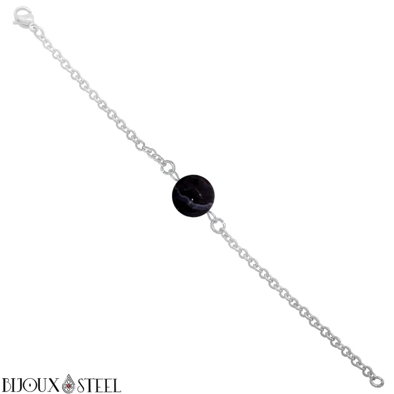 Bracelet à perle d'agate noire à rayures en acier inoxydable