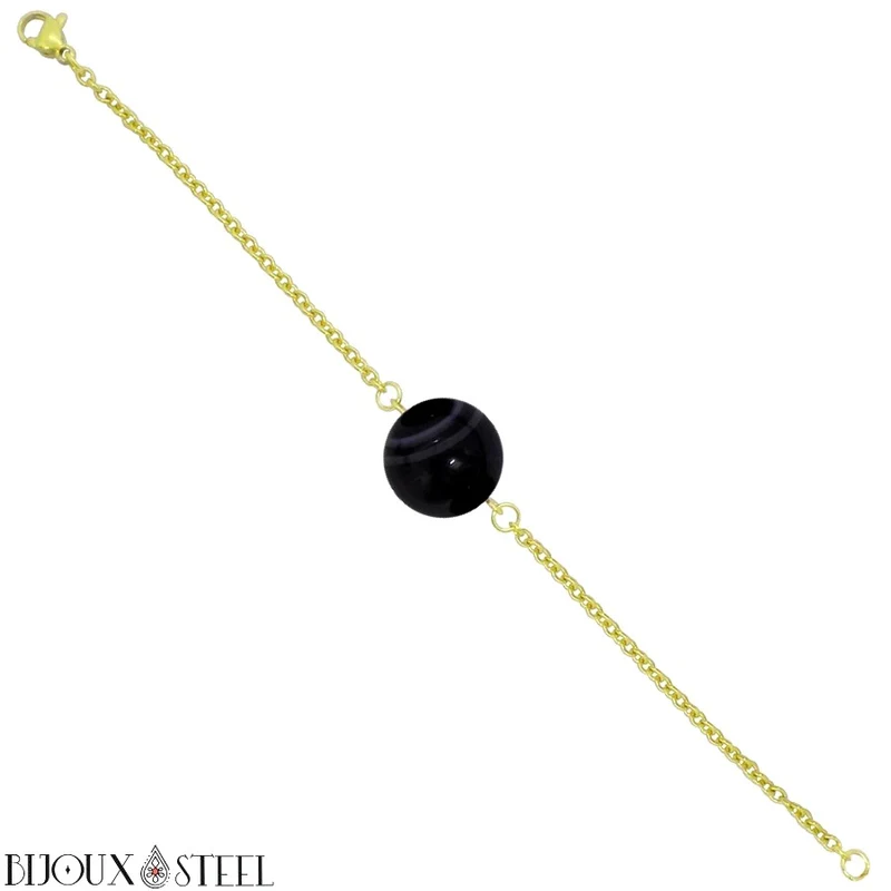 Bracelet à perle d'agate noire à rayures en acier inoxydable
