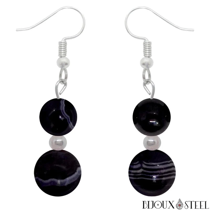 Boucles d'oreilles pendantes doubles perles d'agate noire à rayures