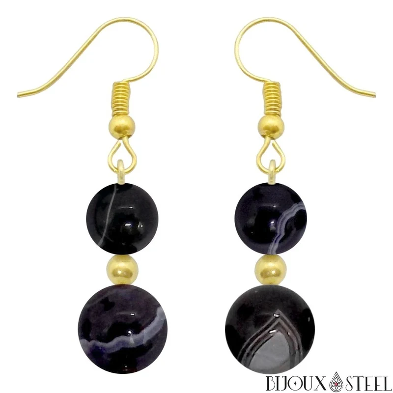 Boucles d'oreilles pendantes doubles perles d'agate noire à rayures