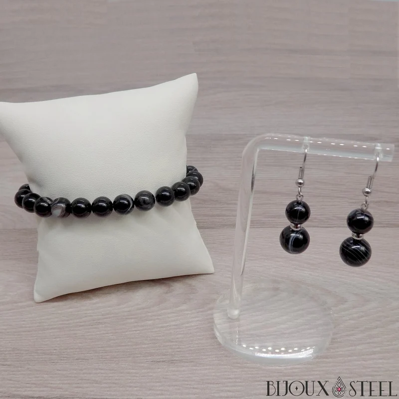 Boucles d'oreilles pendantes doubles perles d'agate noire à rayures