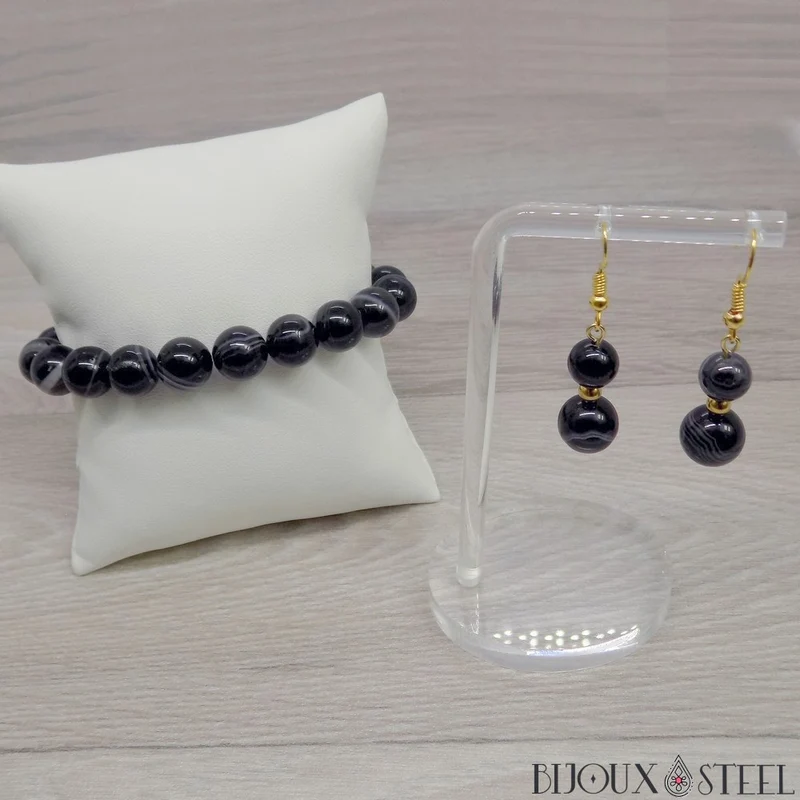 Boucles d'oreilles pendantes doubles perles d'agate noire à rayures