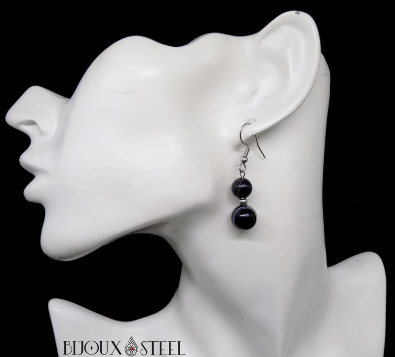 Boucles d'oreilles pendantes doubles perles d'agate noire à rayures