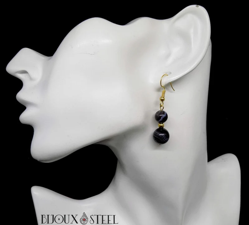 Boucles d'oreilles pendantes doubles perles d'agate noire à rayures