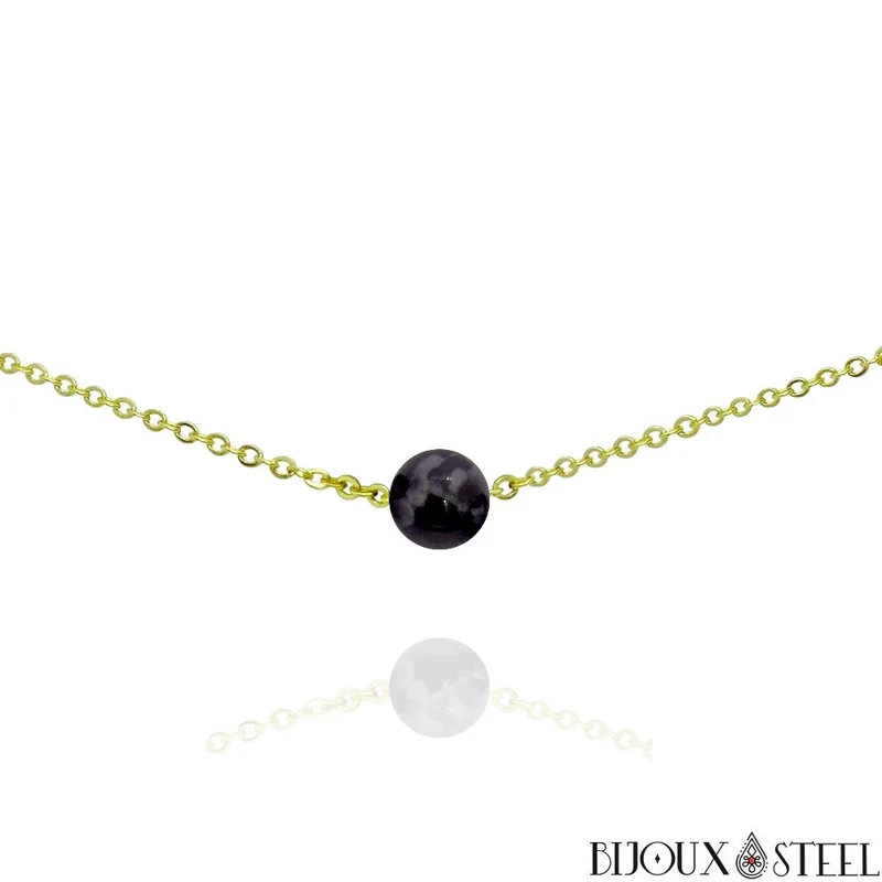 Collier à perle de gabbro merlinite en acier inoxydable