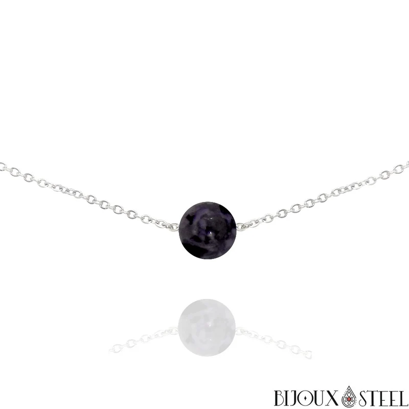 Collier à perle de gabbro merlinite en acier inoxydable