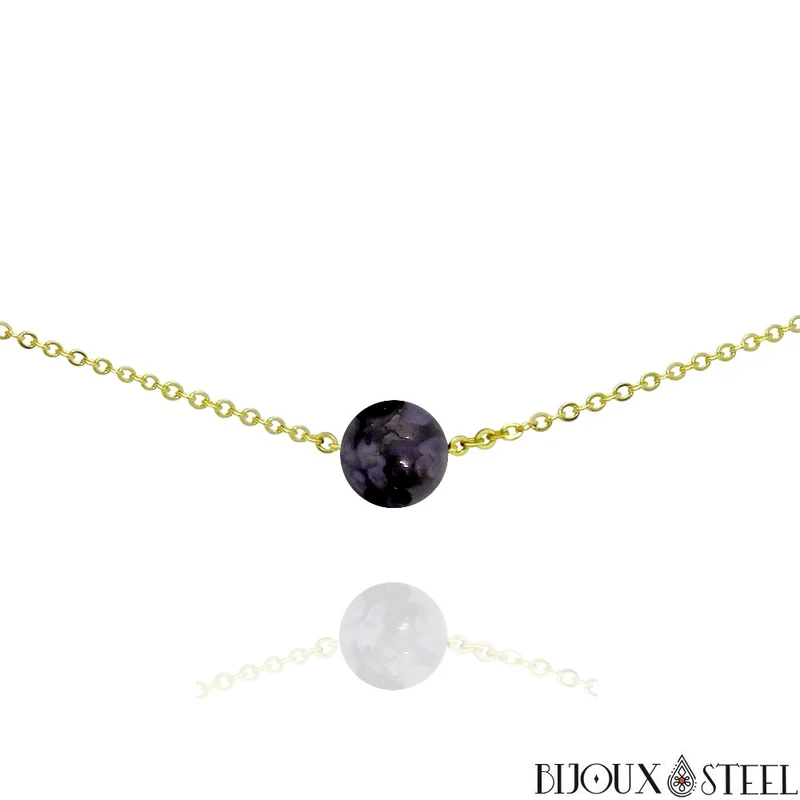 Collier à perle de gabbro merlinite en acier inoxydable