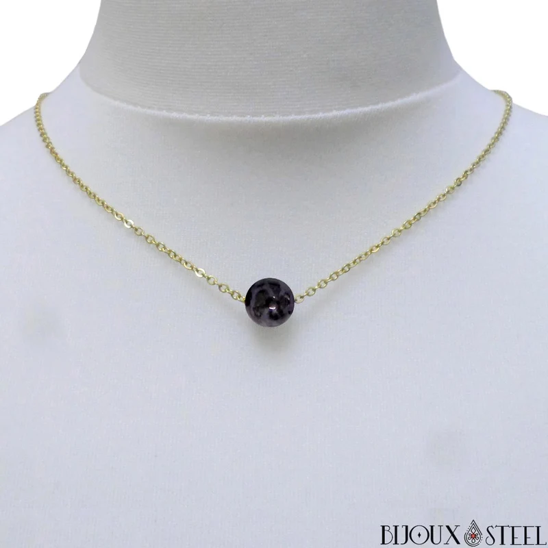 Collier à perle de gabbro merlinite en acier inoxydable