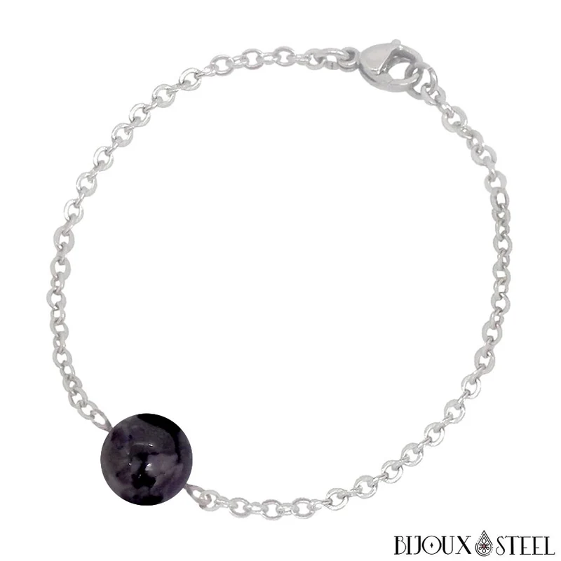 Bracelet à perle de gabbro merlinite en acier inoxydable