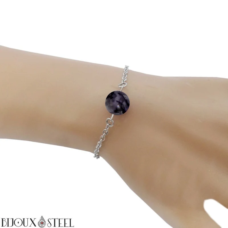 Bracelet à perle de gabbro merlinite en acier inoxydable