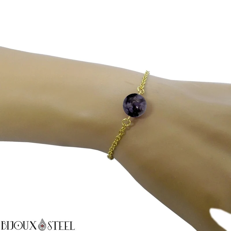 Bracelet à perle de gabbro merlinite en acier inoxydable
