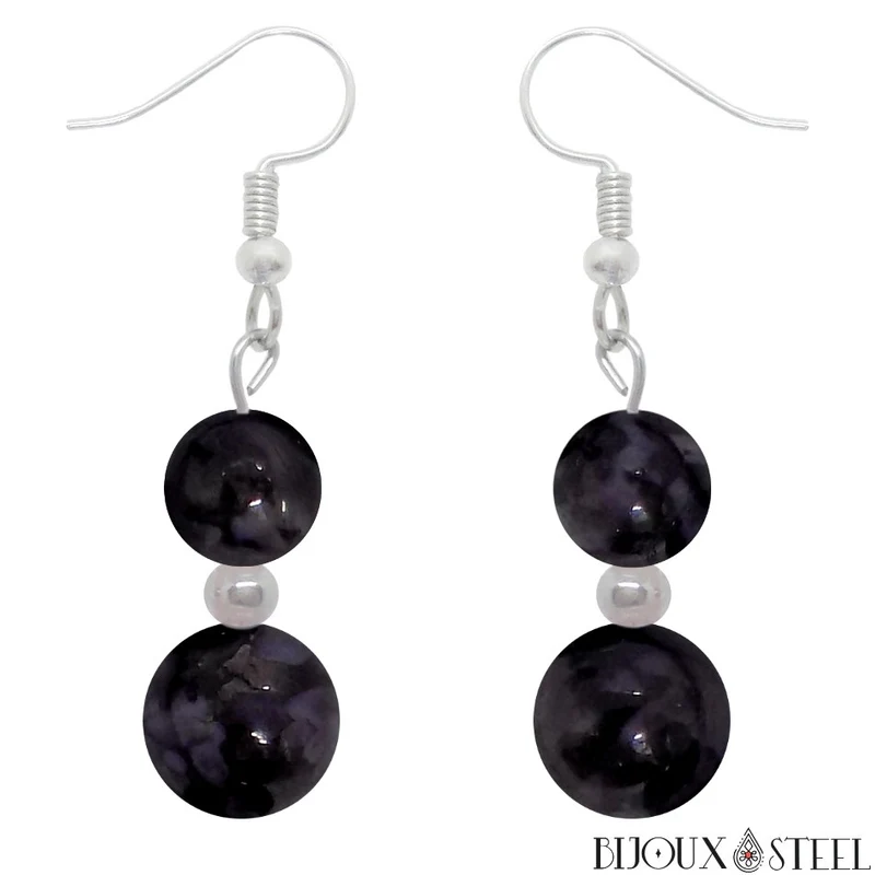 Boucles d'oreilles pendantes doubles perles en gabbro merlinite