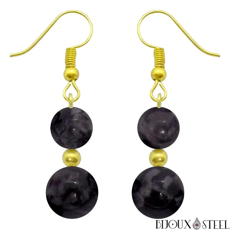 Boucles d'oreilles pendantes doubles perles en gabbro merlinite