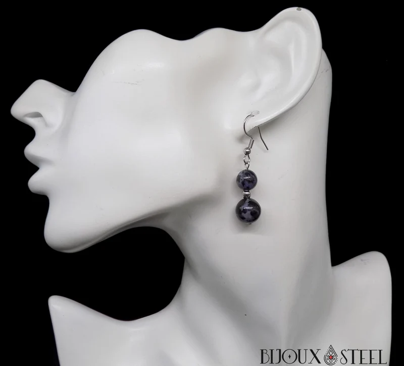 Boucles d'oreilles pendantes doubles perles en gabbro merlinite