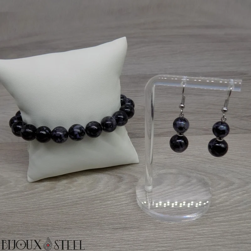 Boucles d'oreilles pendantes doubles perles en gabbro merlinite