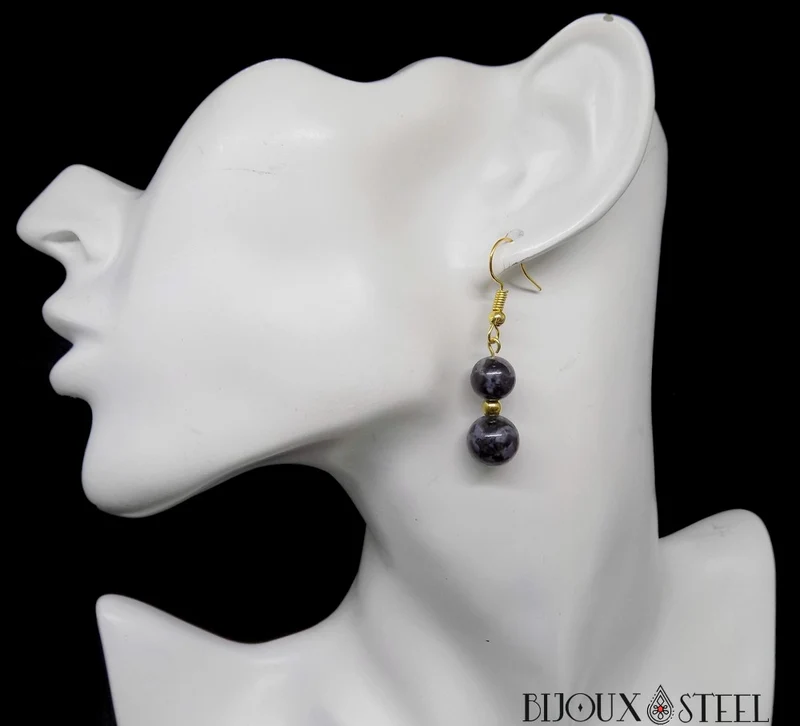 Boucles d'oreilles pendantes doubles perles en gabbro merlinite