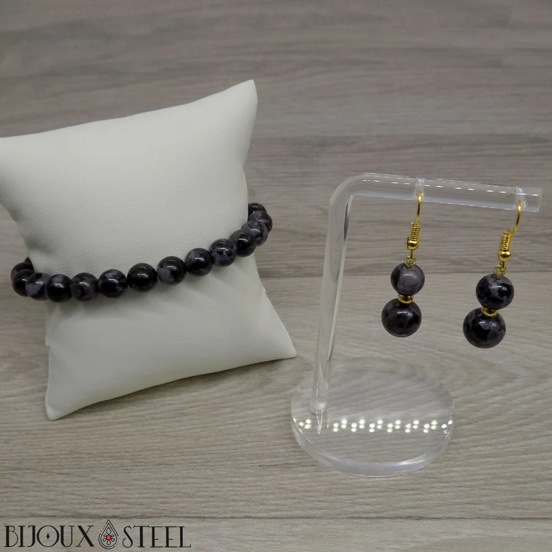 Boucles d'oreilles pendantes doubles perles en gabbro merlinite