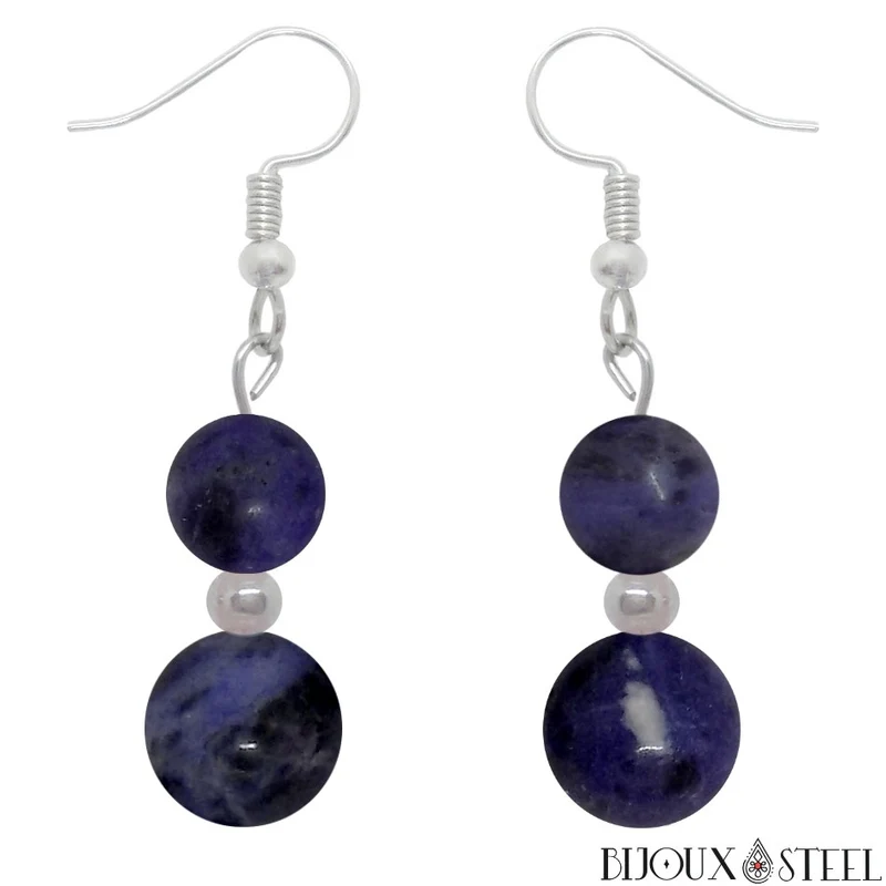 Boucles d'oreilles pendantes doubles perles en sodalite