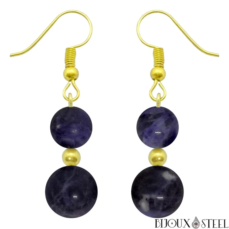 Boucles d'oreilles pendantes doubles perles en sodalite