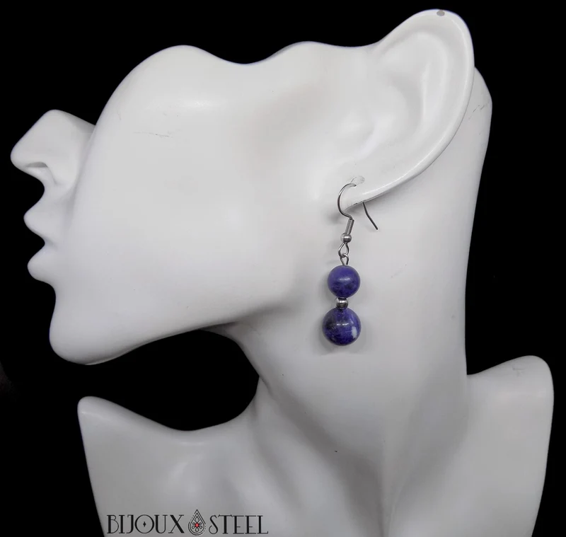 Boucles d'oreilles pendantes doubles perles en sodalite