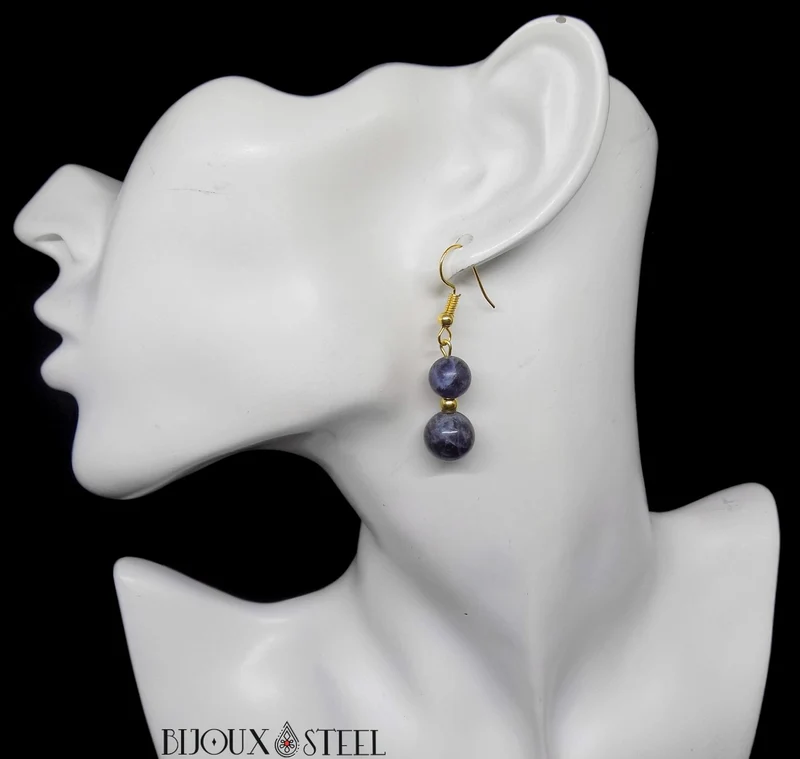 Boucles d'oreilles pendantes doubles perles en sodalite