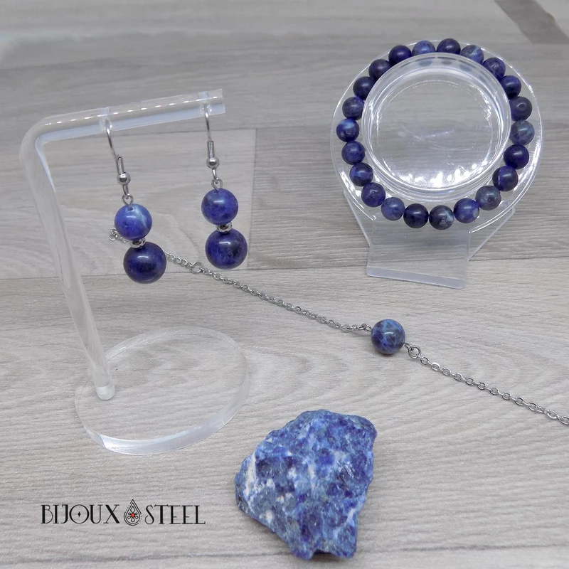 Boucles d'oreilles pendantes doubles perles en sodalite