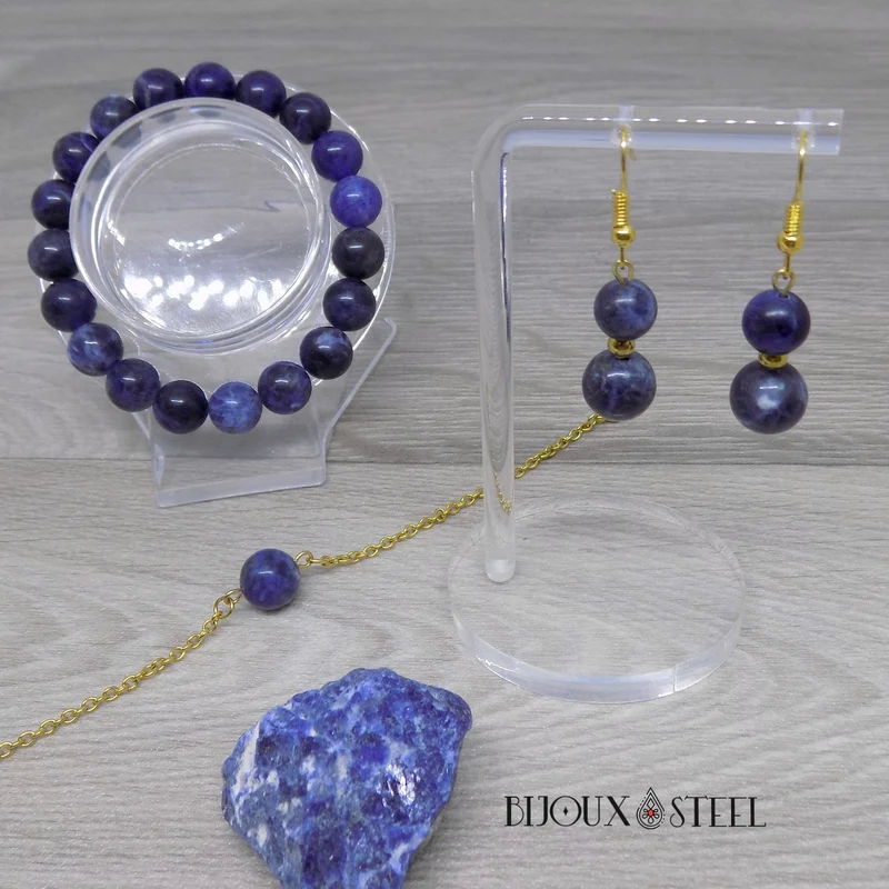 Boucles d'oreilles pendantes doubles perles en sodalite