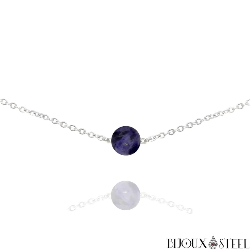 Collier à perle de sodalite en acier inoxydable