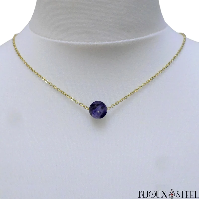 Collier à perle de sodalite en acier inoxydable
