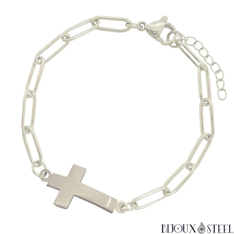 Bracelet chaîne trombone à croix en acier inoxydable