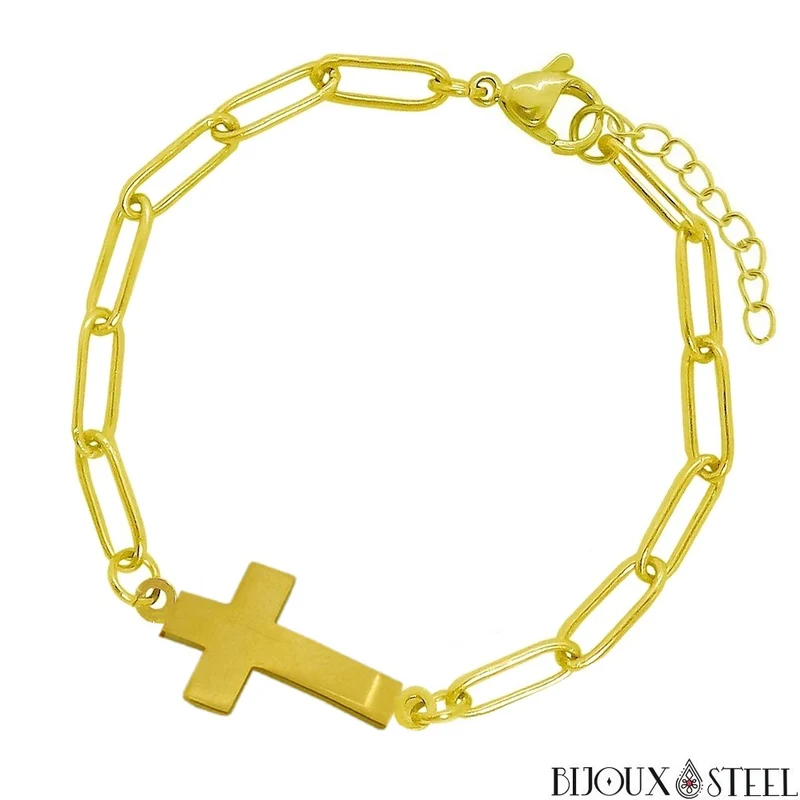 Bracelet chaîne trombone à croix en acier inoxydable