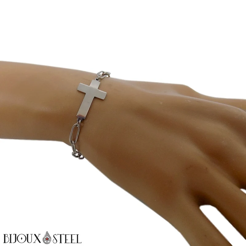 Bracelet chaîne trombone à croix en acier inoxydable