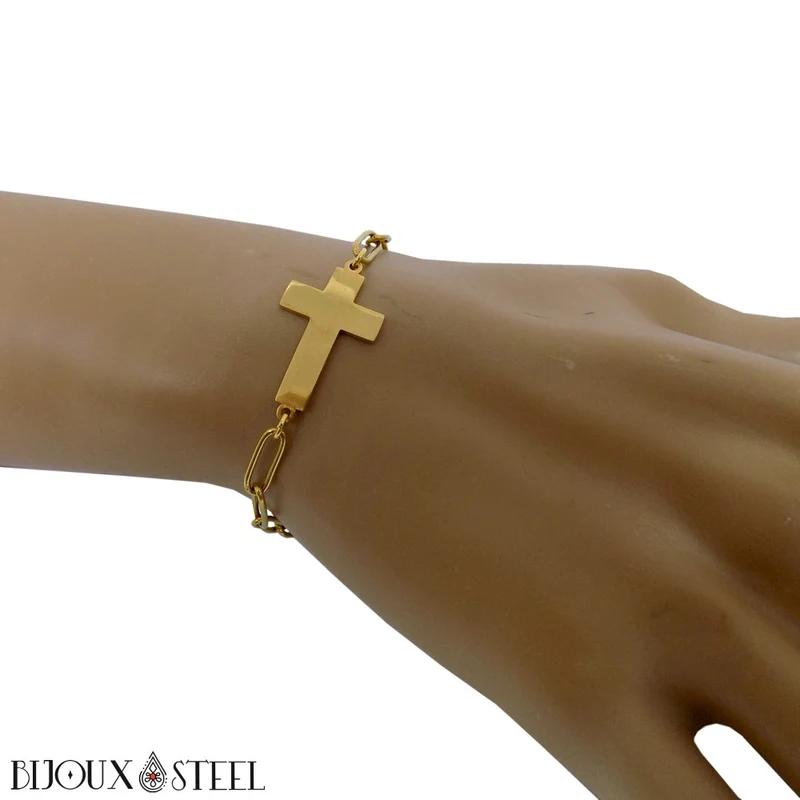 Bracelet chaîne trombone à croix en acier inoxydable