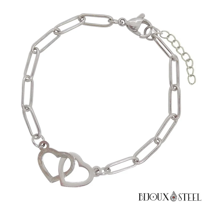 Bracelet chaine trombone double coeur en acier inoxydable
